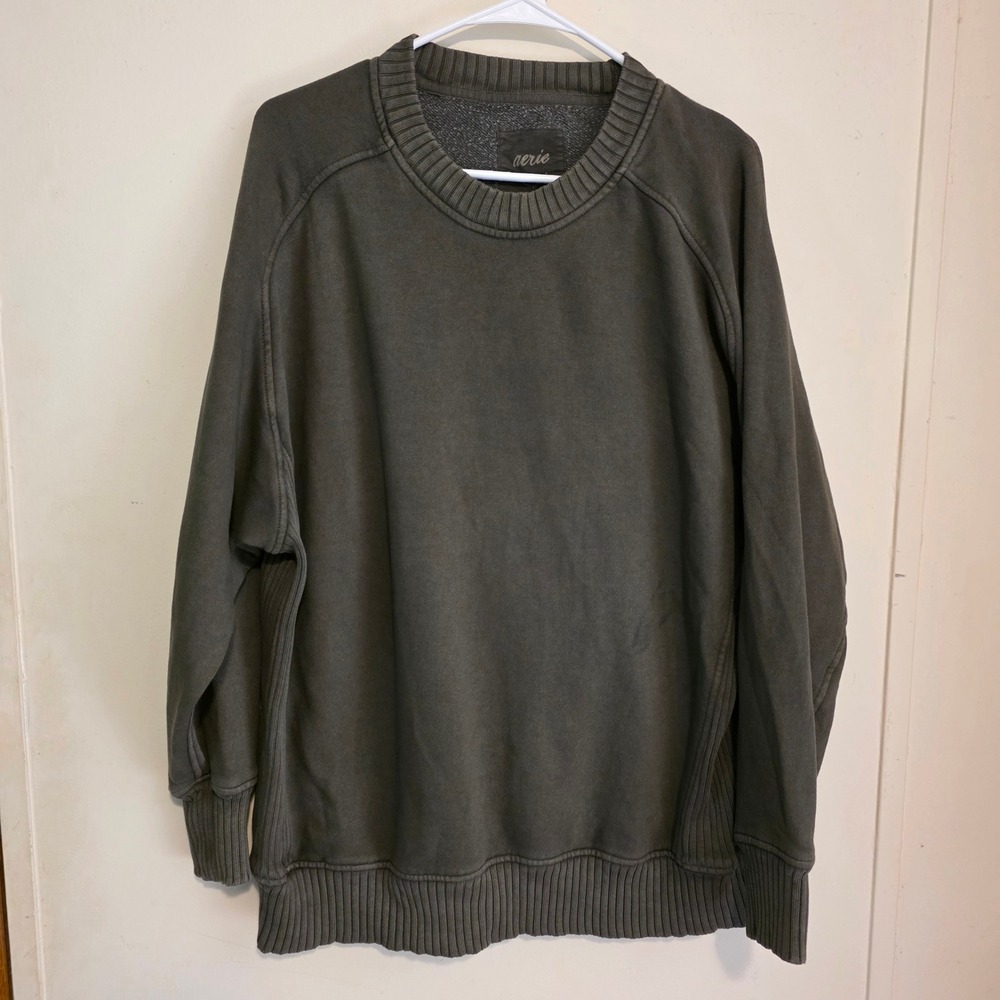 Aerie Womens Sweatshirt Size Small Olive Green Oversized Ribbed Side Panel
